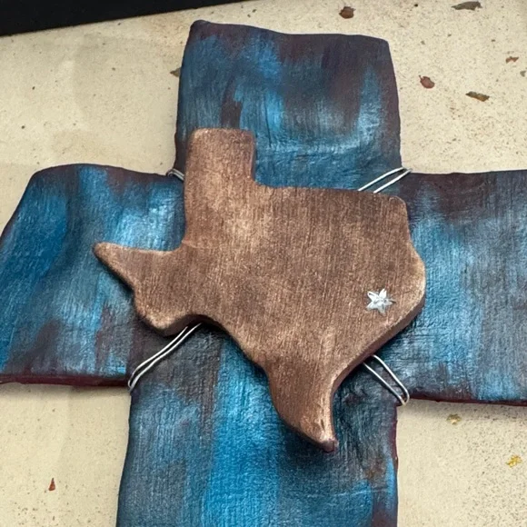Framed, handmade, mixed-media cross featuring the outline of the state of Texas - Picture 9 of 11